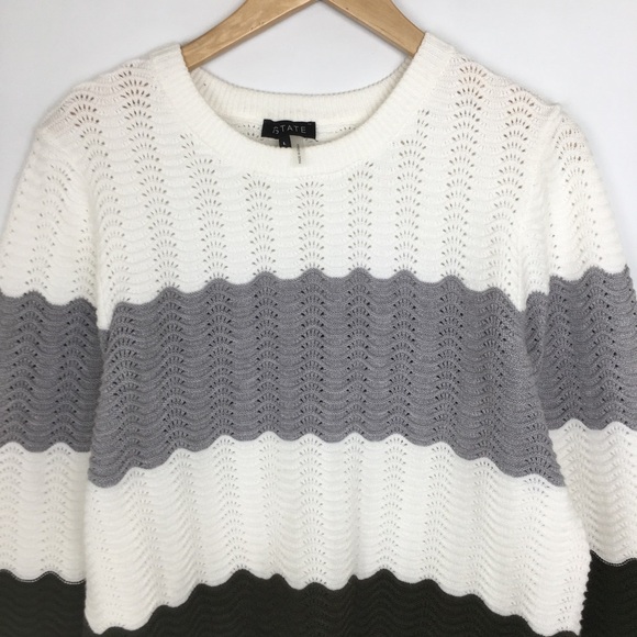 1. State Sweater Top Women’s Textured Pullover Grey White Green Striped Size L - Picture 3 of 14